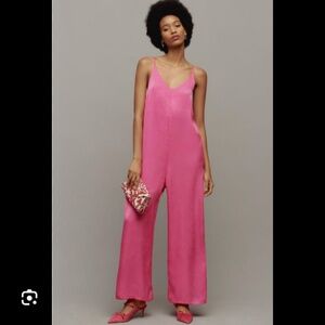 Anthropologie Self Contrast Satin Rose Pink Hot Jumpsuit XS